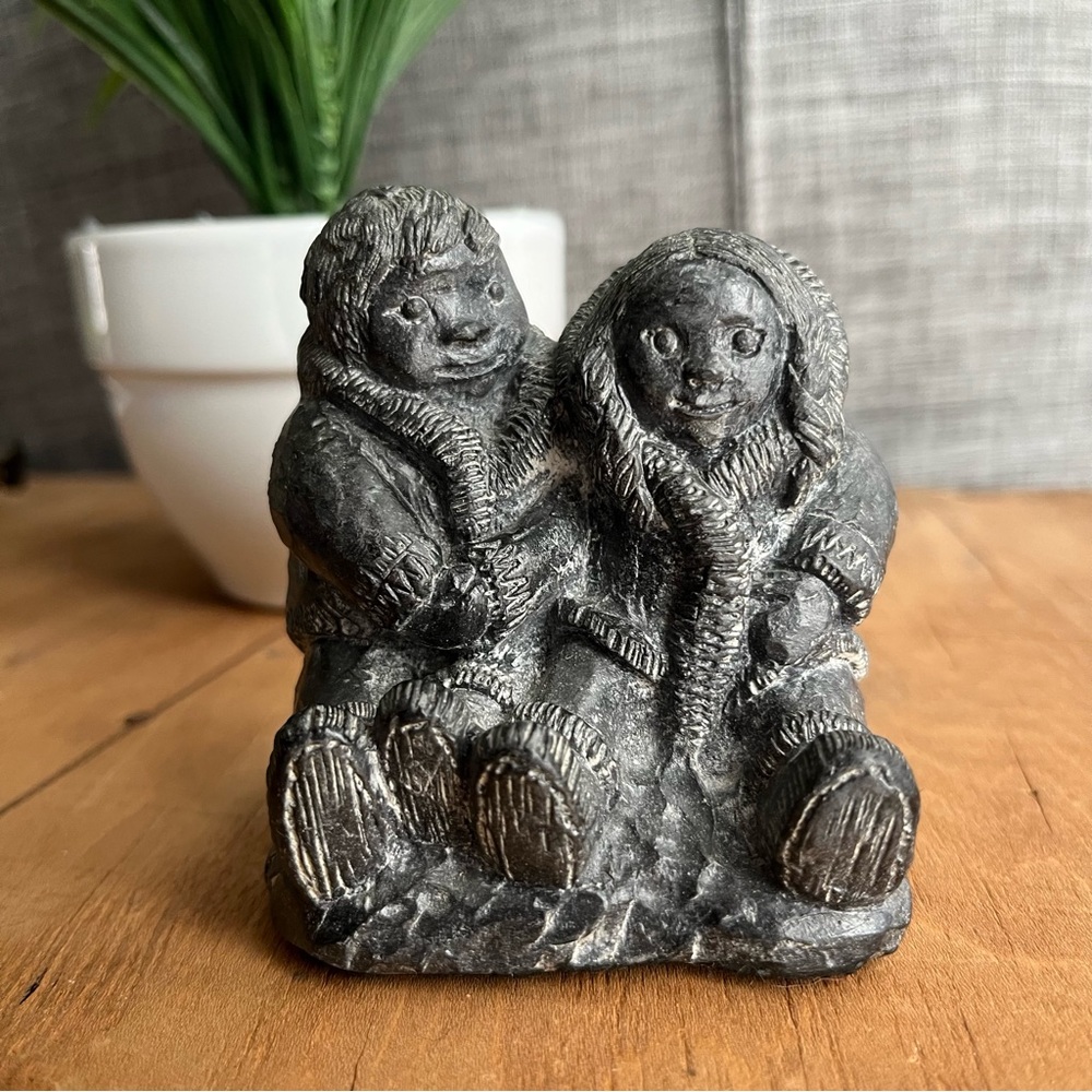 Vintage Canada Soapstone Carving A Wolf Original Inuit Eskimo Children Hugging